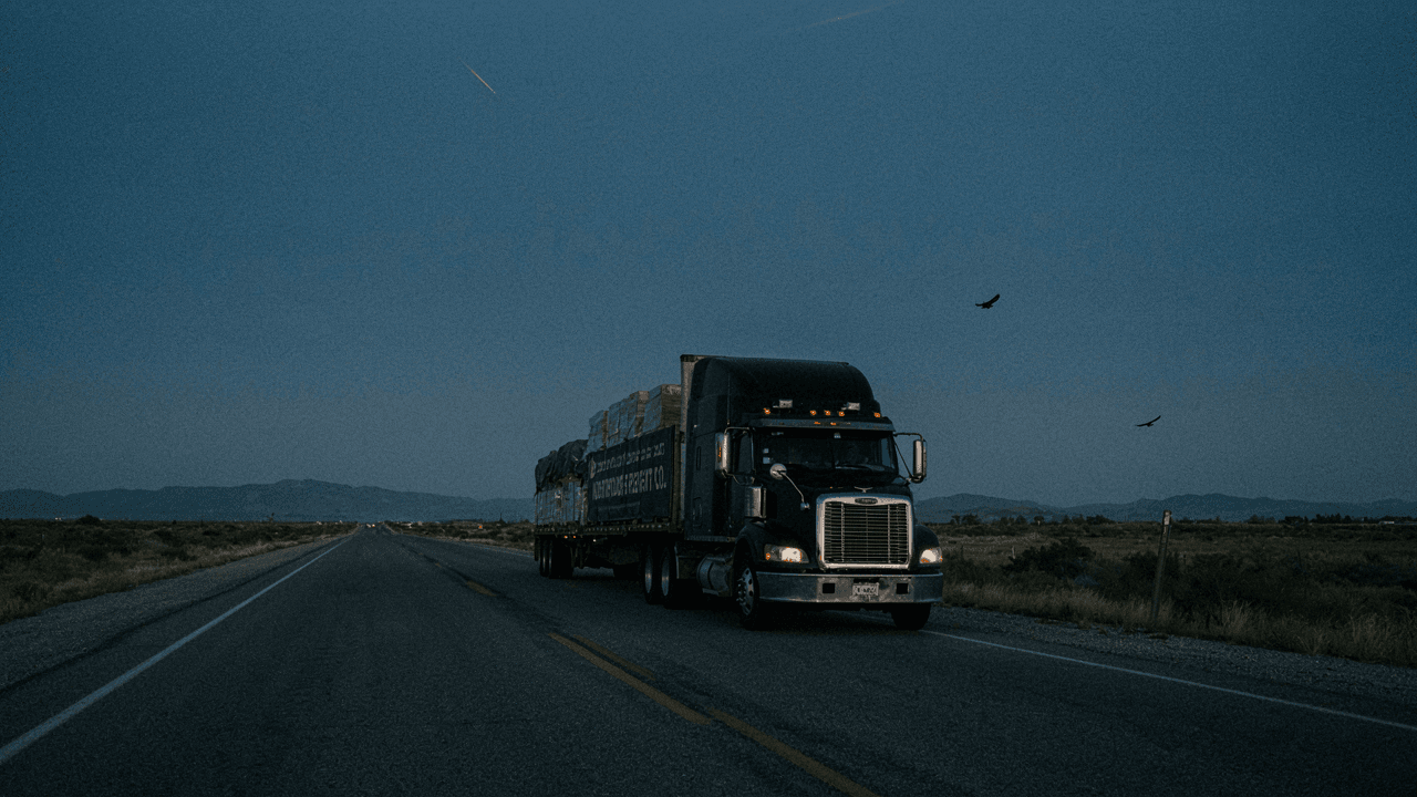 A loaded semi truck trailer traveling on an open highway at dusk