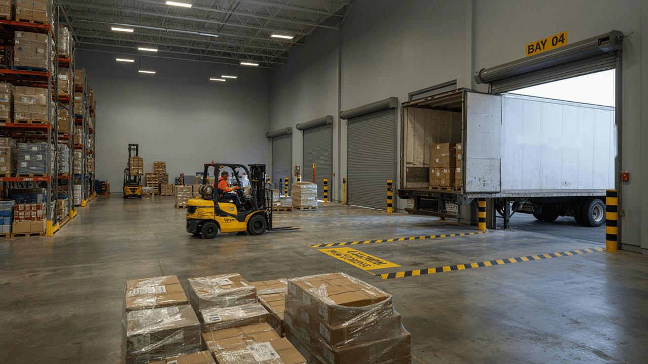 Pallets staged at a warehouse loading dock with a trailer backed in